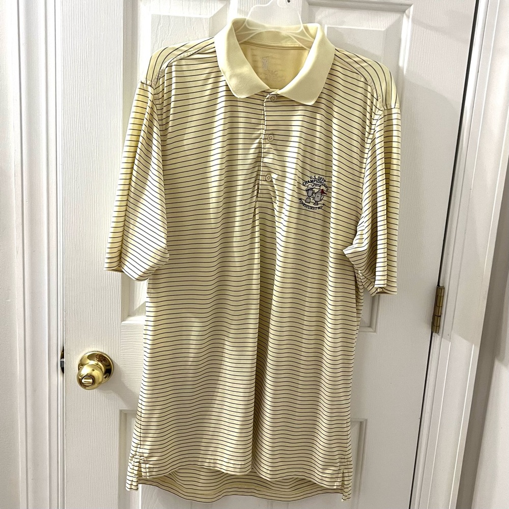 F&G Tech Men Light Yellow Striped Golf US Open 2014 Pinehurst #2 Polo Shirt L